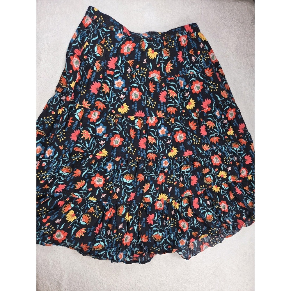 Dip Womens Medium Tiered Floral Boho Midi Skirt Black Elastic Waist Made India